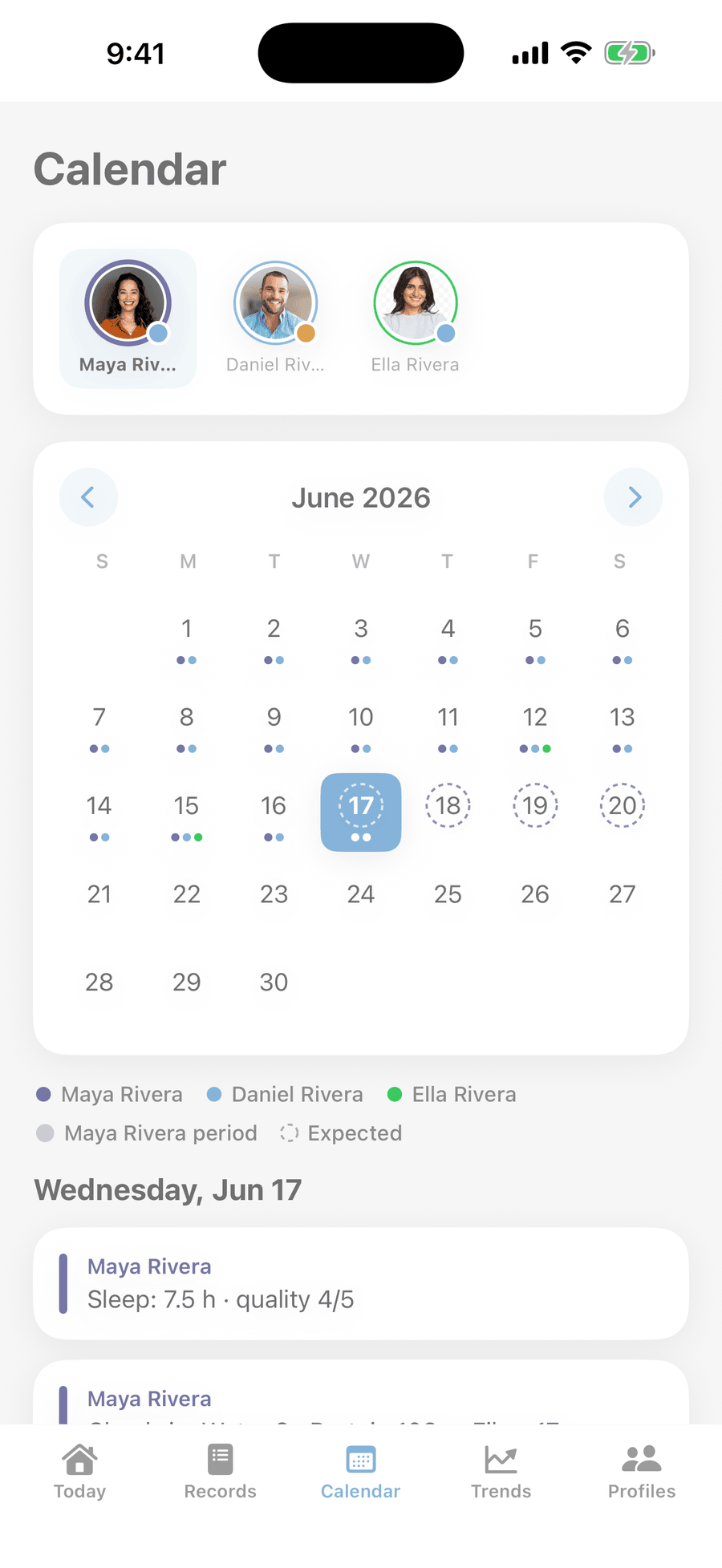 Calendar screen