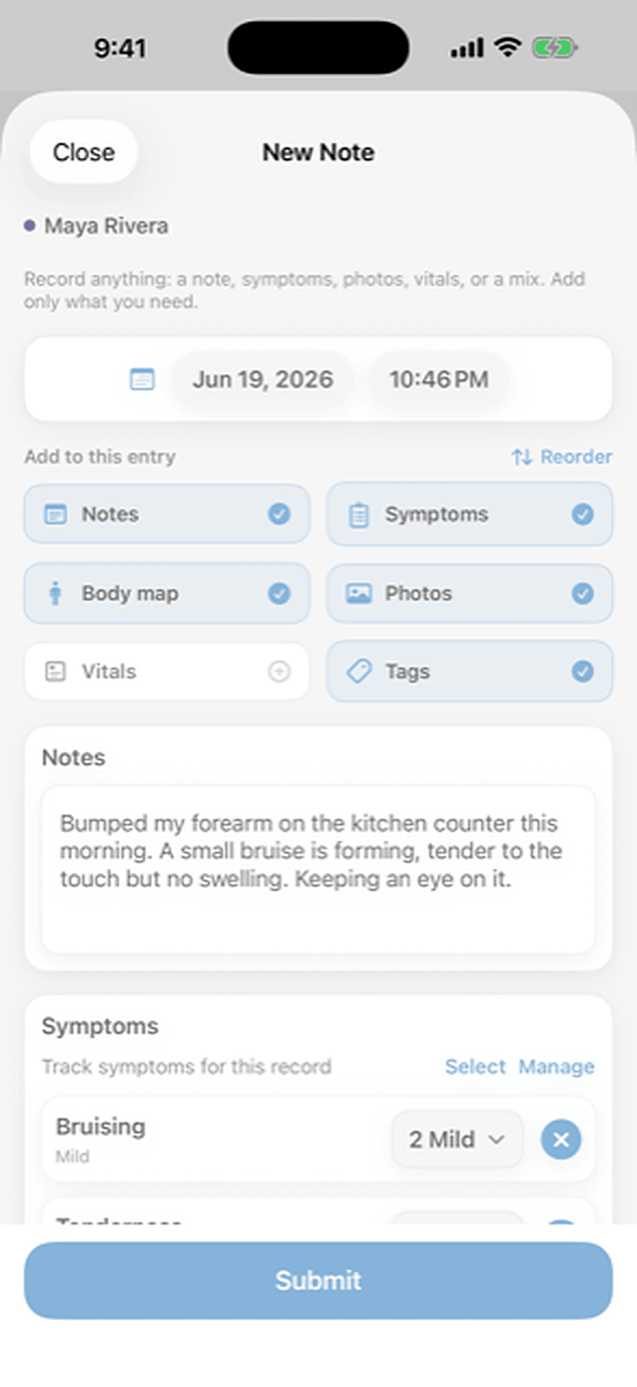A new entry with a note, symptoms and a body map